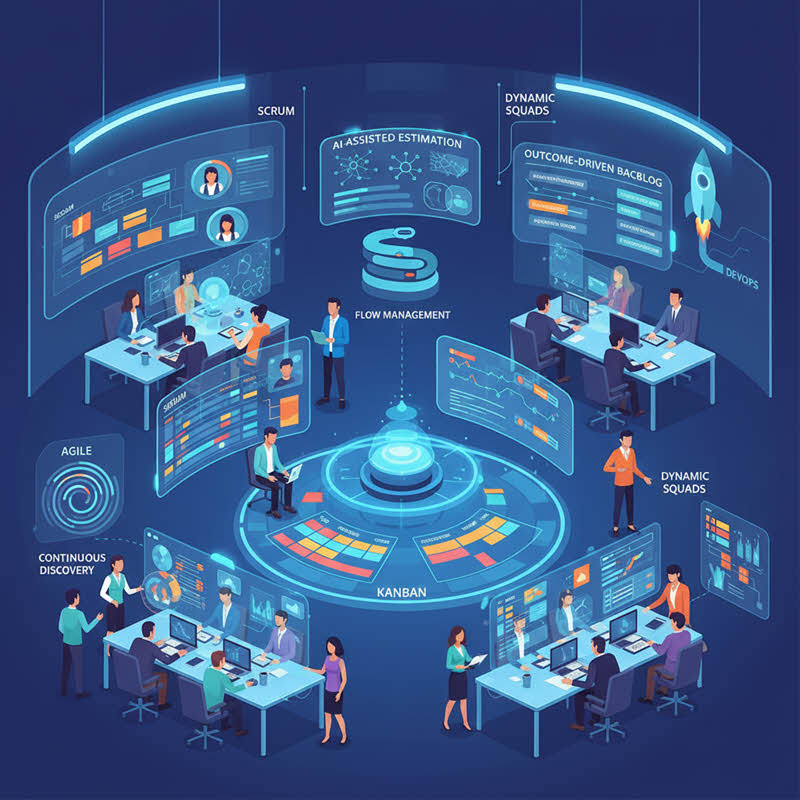 Illustration of 20 modern project management buzzwords like Agile, Scrum, Kanban, Lean, DevOps, and AI-driven workflows.