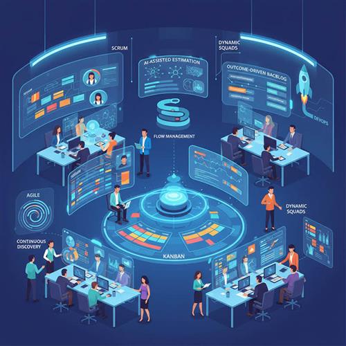 Illustration of 20 modern project management buzzwords like Agile, Scrum, Kanban, Lean, DevOps, and AI-driven workflows.