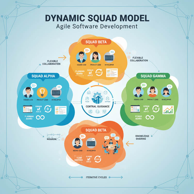 Dynamic Squad Model: Agile cross-functional teams with roles, life cycle, and hybrid structure for faster delivery and higher productivity.
