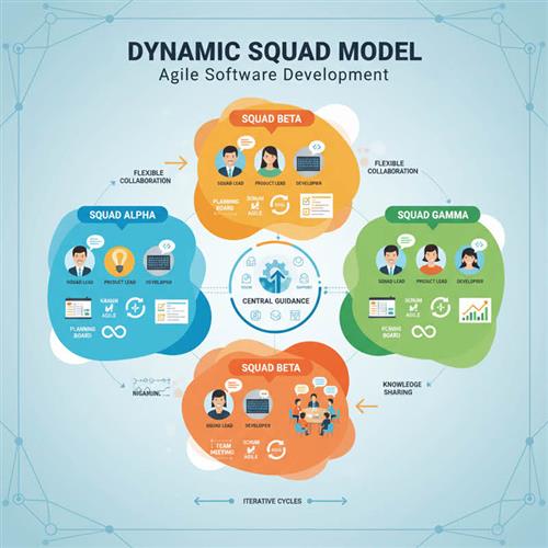 Dynamic Squad Model: Agile cross-functional teams with roles, life cycle, and hybrid structure for faster delivery and higher productivity.