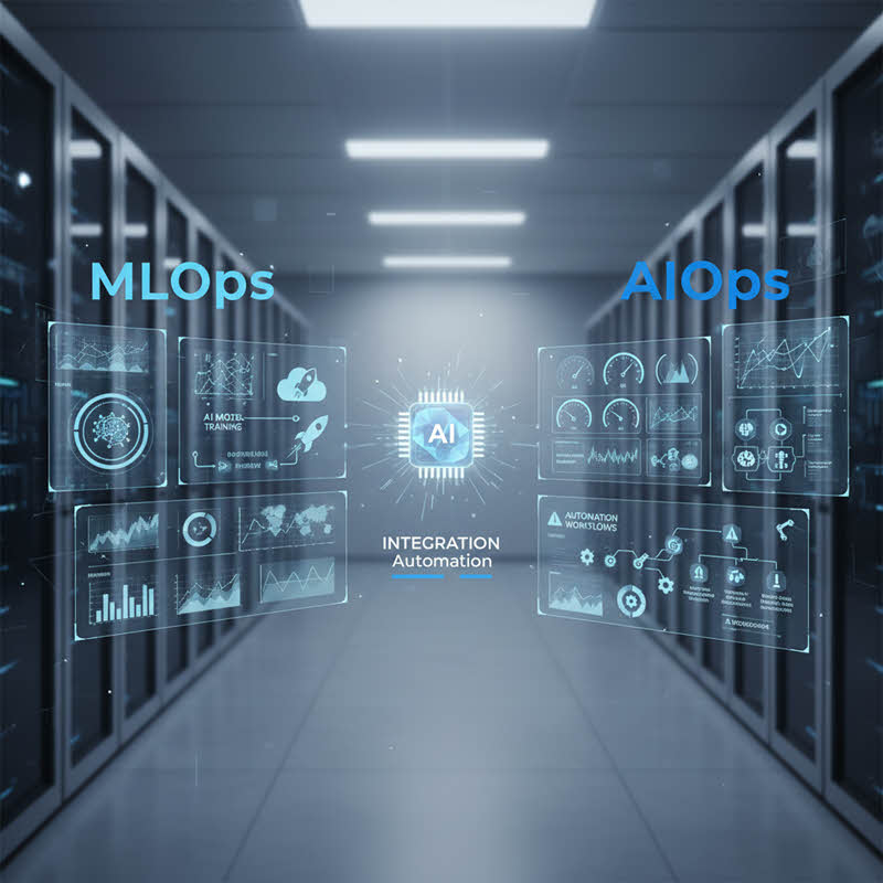 Infographic comparing MLOps and AIOps — AI model operations vs IT automation for enterprise efficiency.