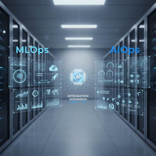 Infographic comparing MLOps and AIOps — AI model operations vs IT automation for enterprise efficiency.