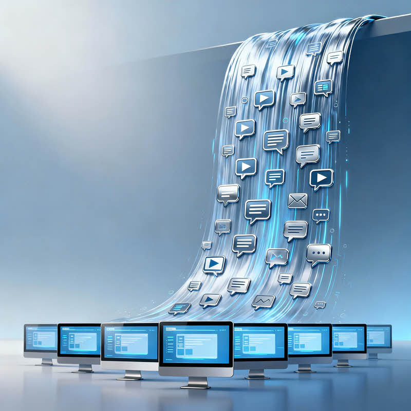 Visual concept of the Content Waterfall strategy — one pillar post flowing into many smaller content pieces.