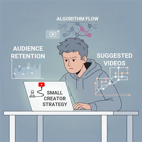 Small YouTube creator navigating the 2025 algorithm, optimizing retention, thumbnails, and content momentum to grow.