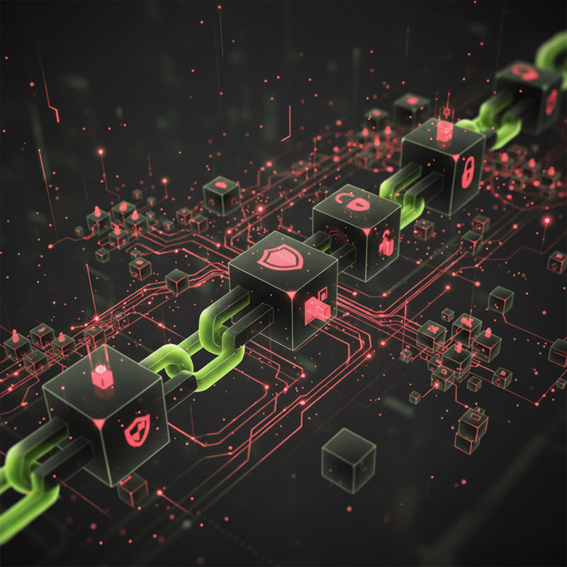 "Illustration showing blockchain technology with secure, decentralized data blocks and transparent digital network connections.