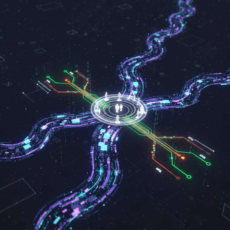 Digital transformation metaphor: data flows like a river, users as a marketplace, APIs as connecting road