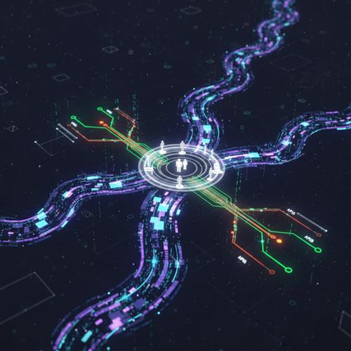 Digital transformation metaphor: data flows like a river, users as a marketplace, APIs as connecting road