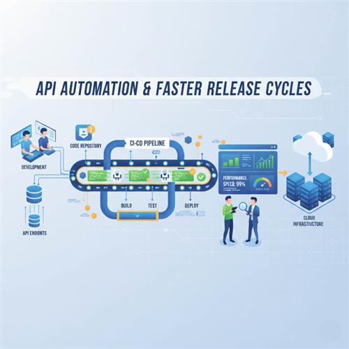 Illustration of API automation testing, showing CI/CD pipelines, automated scripts, and DevOps workflow for faster release cycles