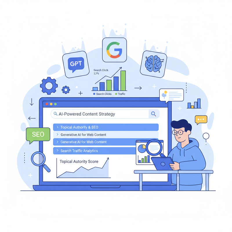 Illustration of Google search, AI platforms, and SEO strategy highlighting topical authority and traffic trends.