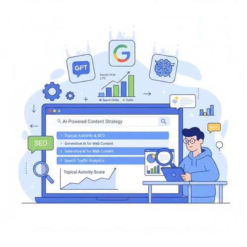 Illustration of Google search, AI platforms, and SEO strategy highlighting topical authority and traffic trends.