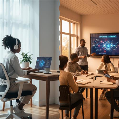 Comparison between online and offline machine learning courses in South Africa, tech education concept.