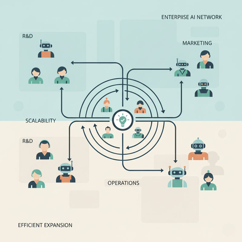 Illustration of AgentOps: managing, monitoring, and coordinating AI agents in enterprises efficiently and securely.