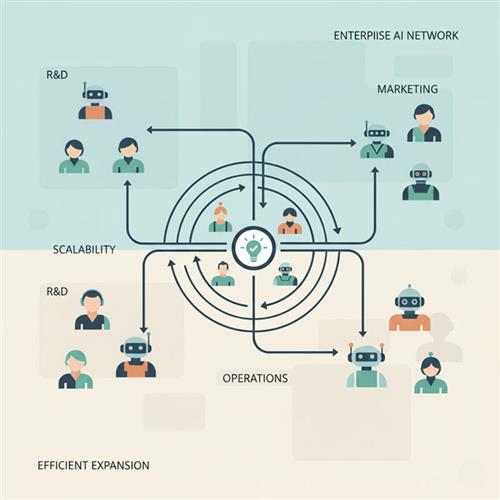 Illustration of AgentOps: managing, monitoring, and coordinating AI agents in enterprises efficiently and securely.
