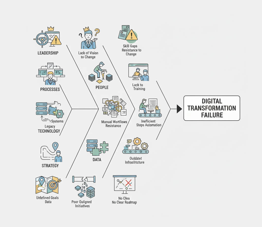 Illustration of common causes of digital transformation failure: leadership, processes, technology, data, and employee challenges