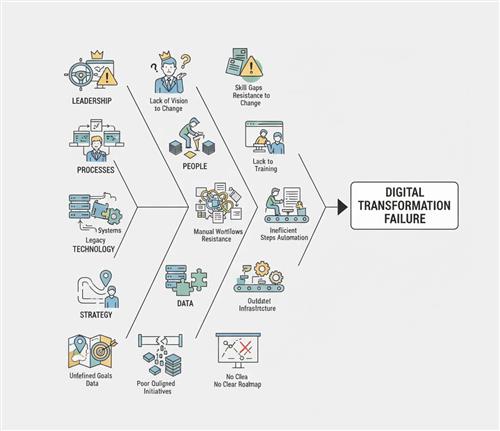 Illustration of common causes of digital transformation failure: leadership, processes, technology, data, and employee challenges