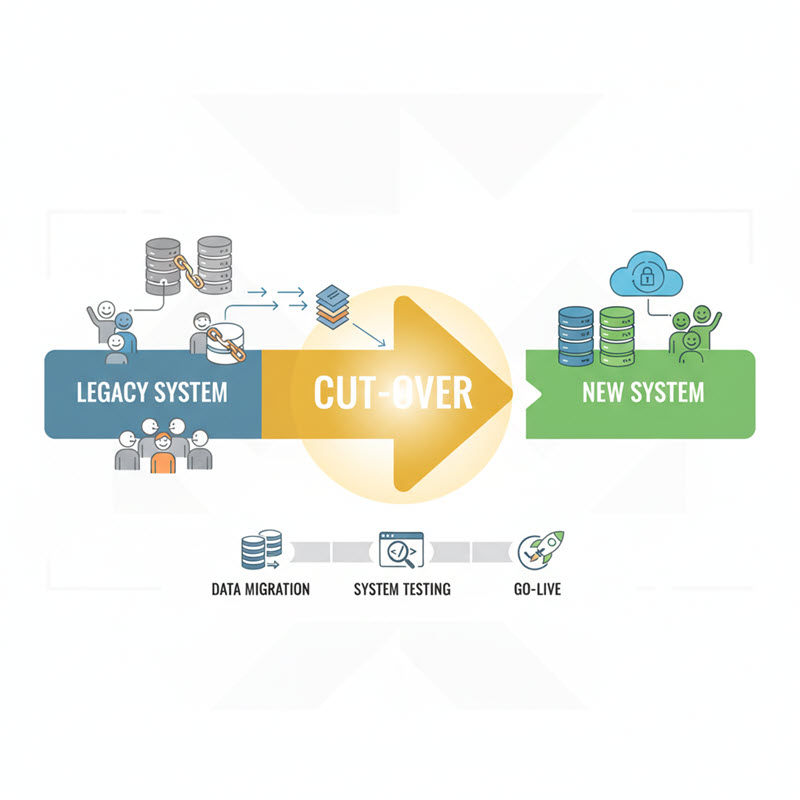 Illustration of Cut-Over process showing transition from legacy system to new system with data migration, testing, and go-live.