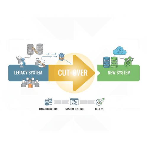 Illustration of Cut-Over process showing transition from legacy system to new system with data migration, testing, and go-live.