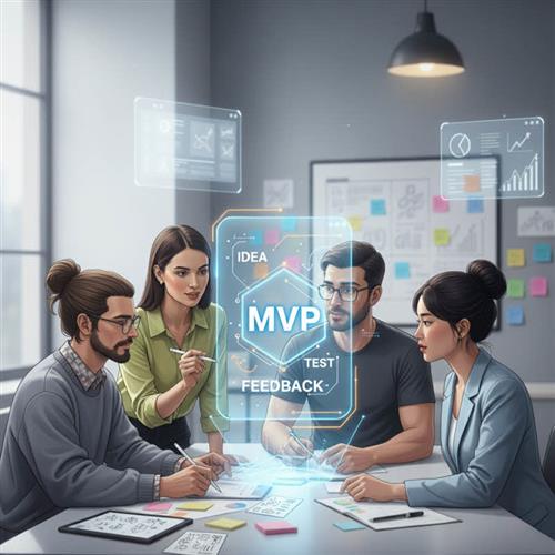 Illustration of a startup team testing and iterating a Minimum Viable Product (MVP) to validate ideas and achieve product–market fit.