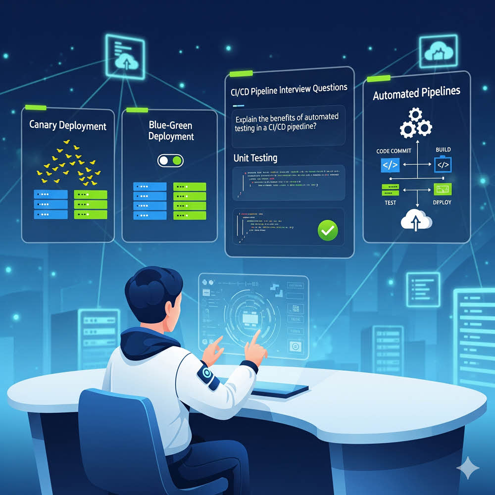 CI/CD Quiz for DevOps Interviews with Real-World Scenario Questions on Pipeline, Deployment, Testing, and Rollback.