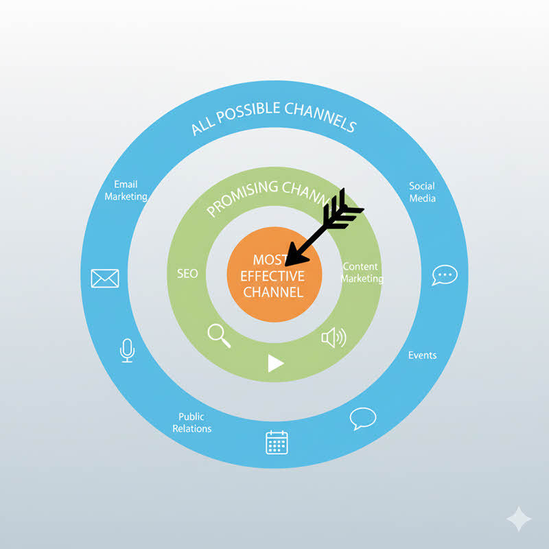 Bullseye Model helps startups find the most effective communication channel through three stages: list, test, focus