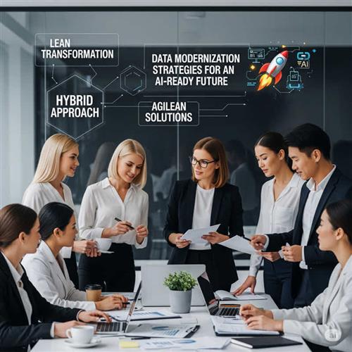 Diverse team discussing data modernization strategies with Lean, Hybrid, Agilean, and TIGO Consulting in a collaborative business setting.
