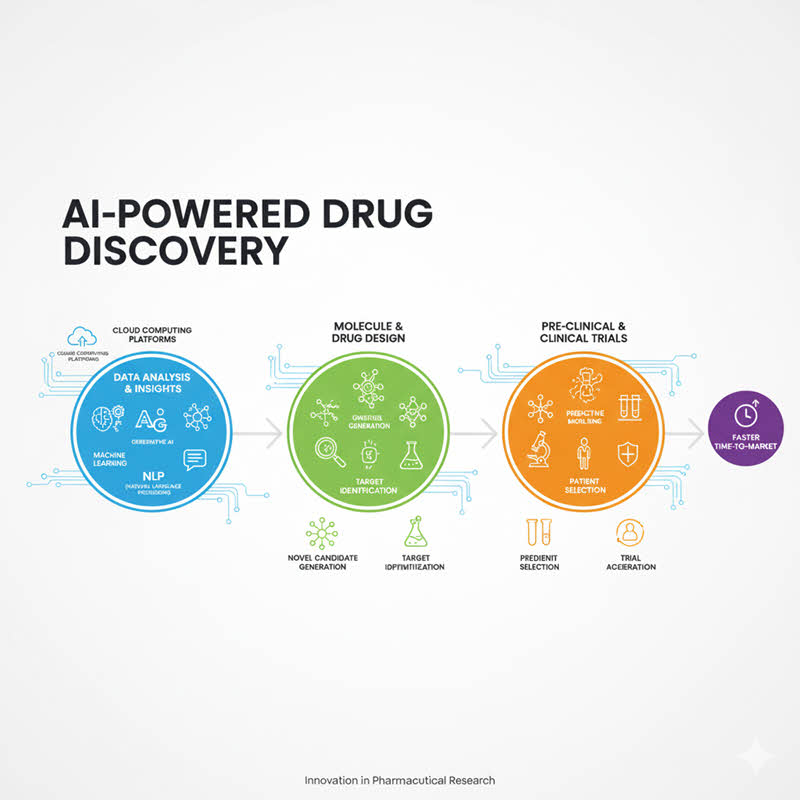 AI accelerates drug discovery in pharma using ML, generative AI, and predictive modeling for faster, cost-effective, personalized medicine.