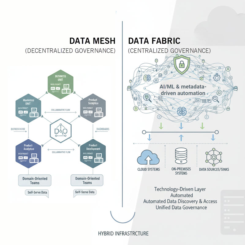 Compare Data Mesh and Data Fabric to optimize hybrid enterprise data governance, balancing domain ownership and automation.