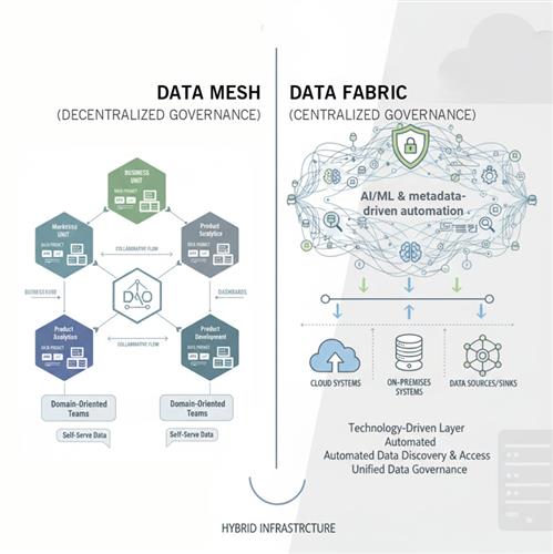 Compare Data Mesh and Data Fabric to optimize hybrid enterprise data governance, balancing domain ownership and automation.