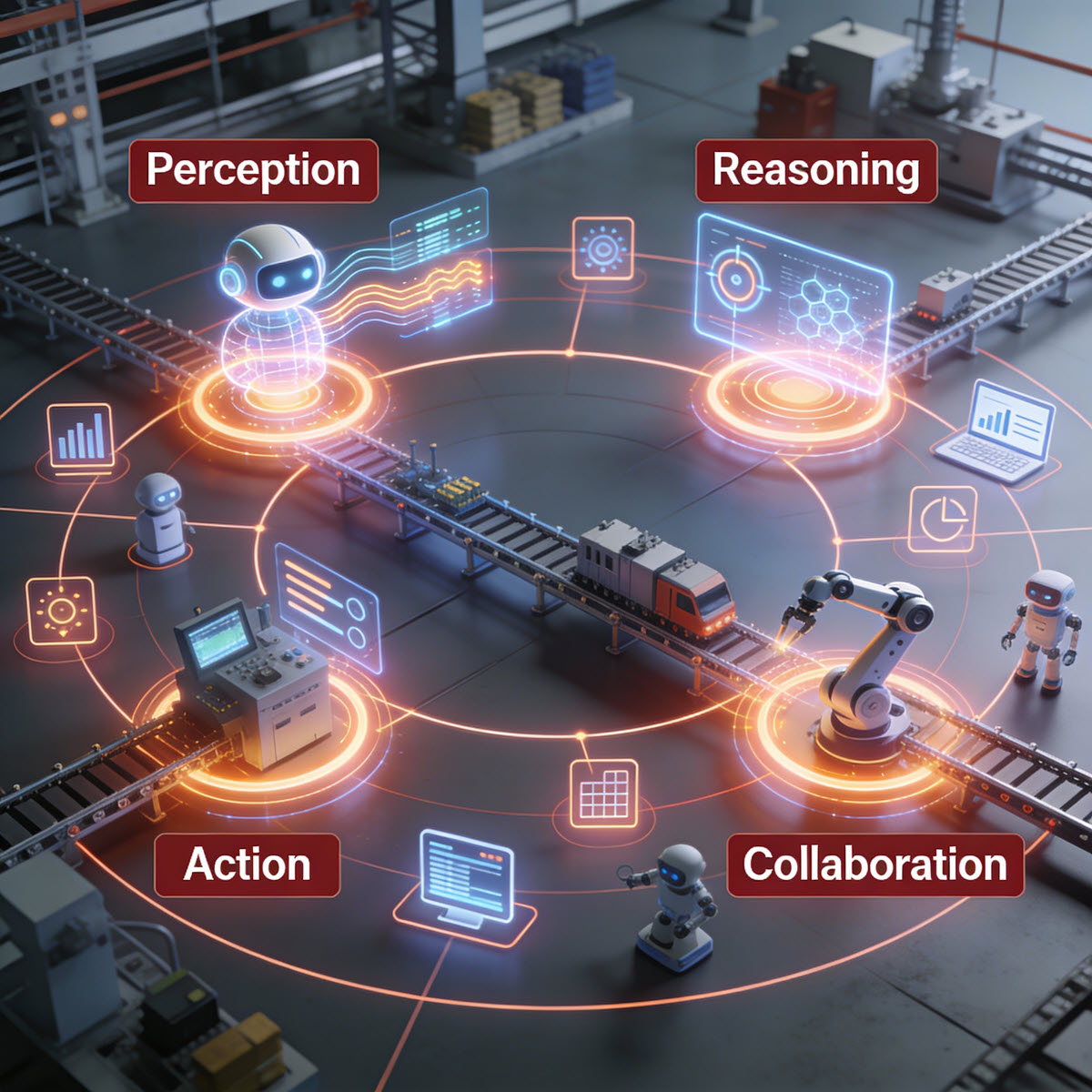 AI agents enable self-optimizing factories with perception, reasoning, action, and collaboration across dynamic production environments.