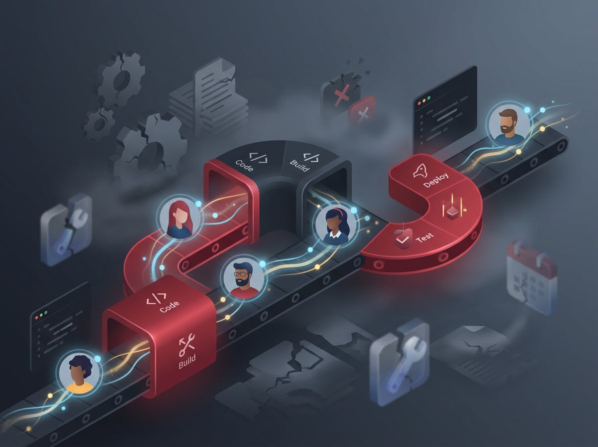 Illustration showing how reducing cognitive friction and cognitive load helps software teams improve focus, delivery speed, and developer productivity.
