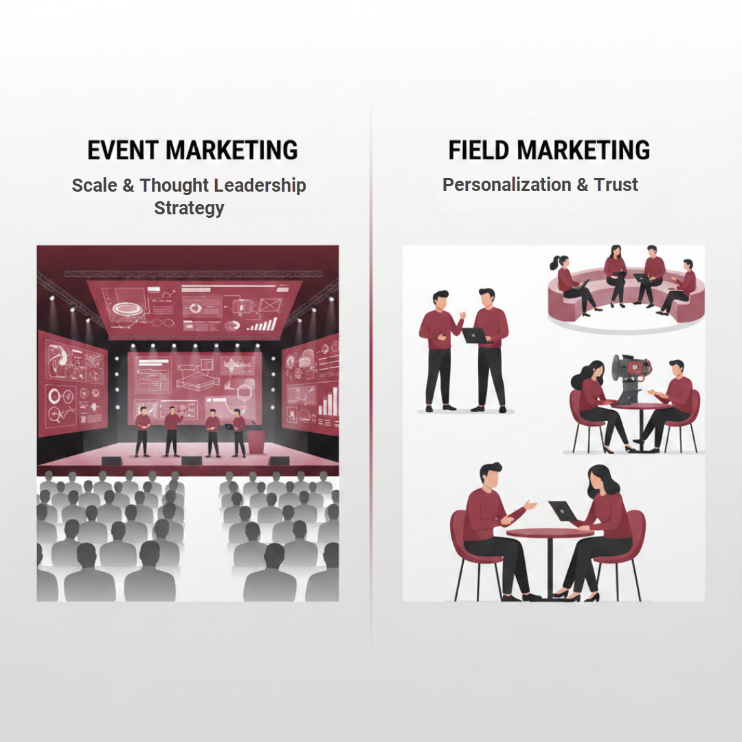 Comparison of event marketing and field marketing showing how B2B companies build awareness, trust, and conversions through human-centered strategies.