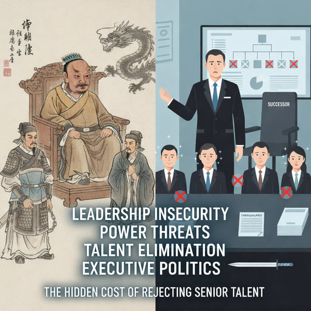 Liu Bang’s purge of talented allies mirrors modern corporate bias where overqualified leaders are rejected due to power threats and internal politics.