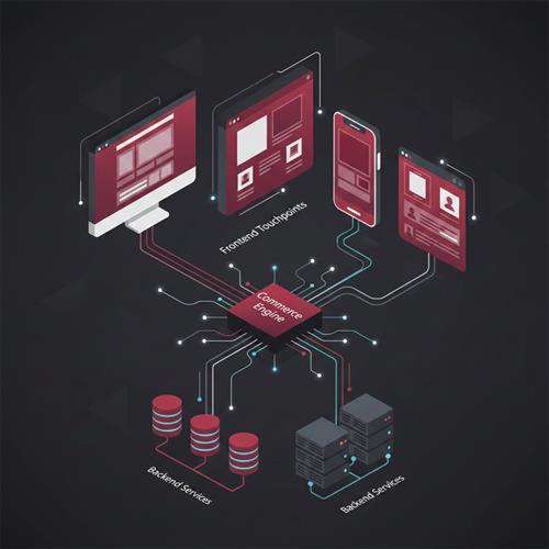 Headless commerce architecture illustrating separated frontend and backend, enabling faster performance, omnichannel ecommerce, scalable APIs, and flexible online store experiences.