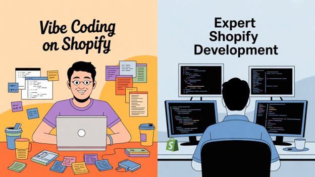Vibe coding speeds up Shopify builds with AI, but risks in security, scalability, and reliability make expert development essential for growth.