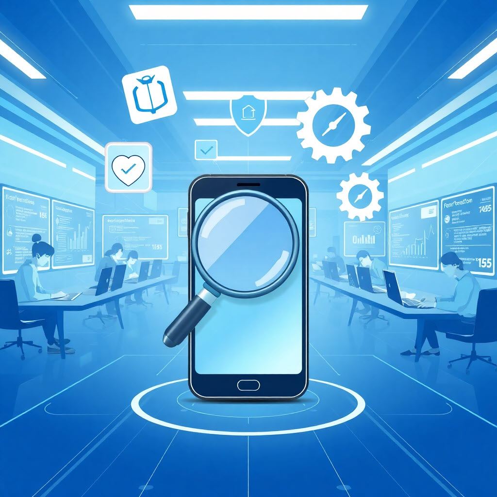 Illustration of mobile app testing: bug detection, security, performance, and automation in a high-tech environment with testers analyzing results.