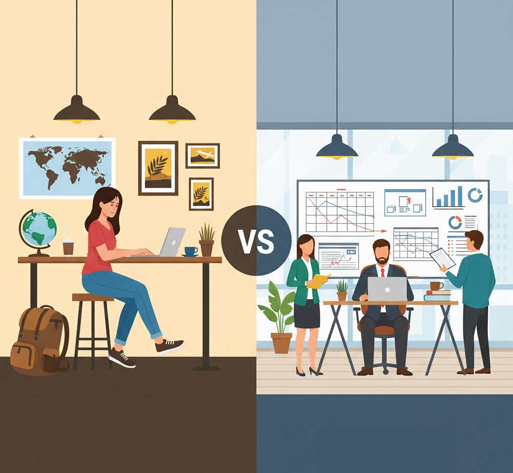Comparison between freelance and full-time web developers, highlighting differences in lifestyle, income, flexibility, and career growth.