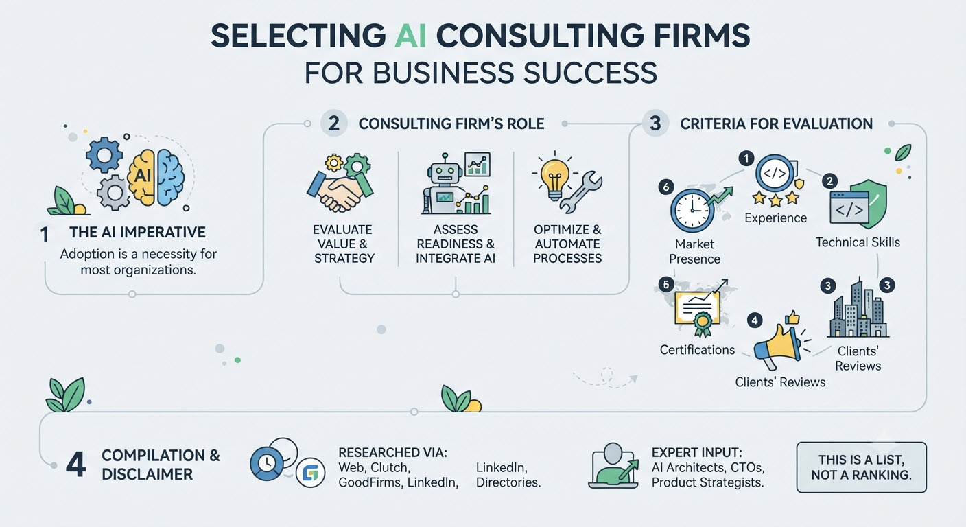 Detailed infographic showing the process and criteria for selecting AI consulting firms across four main sections: 1. The AI imperative for organizations, 2. Consulting firm roles in evaluating value and strategy, 3. Six evaluation criteria including experience, technical skills, client reviews, and market presence, 4. Research methodology and disclaimer that the list is unranked.