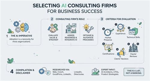 Detailed infographic showing the process and criteria for selecting AI consulting firms across four main sections: 1. The AI imperative for organizations, 2. Consulting firm roles in evaluating value and strategy, 3. Six evaluation criteria including experience, technical skills, client reviews, and market presence, 4. Research methodology and disclaimer that the list is unranked.